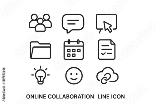 Online Collaboration Icons. Online collaboration. Line icon set of online collaboration: team avatars, chat bubble, shared document, cursor, whiteboard,