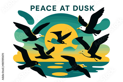 Seagulls at Sunset. Seagulls ? Sunset silhouettes. Flock turns into golden shapes as the sky divides into calm gradients; reflections form crisp ellipses on