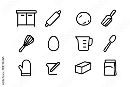 Baking Prep Icons. Baking preparation. Line icon set of baking preparation: countertop, rolling pin, dough ball, flour scoop, whisk, egg, measuring cup, spoon,