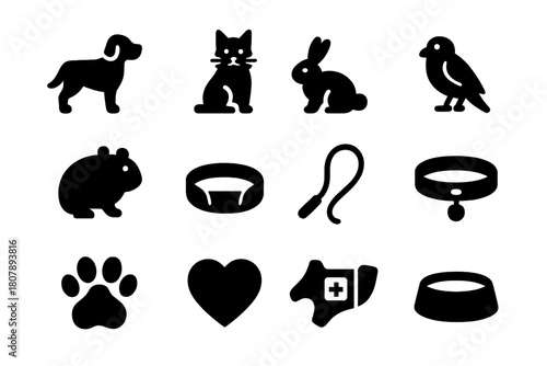 Therapy Pet Icons. Therapy Pets. Solid icon set of Therapy Pets: dog, cat, rabbit, bird, hamster, pet bed, leash, collar, paw print, heart symbol, therapy