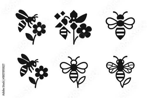 Insect Pollination Icons. insects in pollination. Icon set. Set Logo of insects in pollination: close-up of bee wings and pollen. harmonious logo variations of
