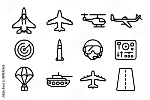 Military Aircraft Icons. Military aircraft. Line icon set of military aircraft: fighter jet, bomber, helicopter, drone, radar, missile, pilot helmet, control