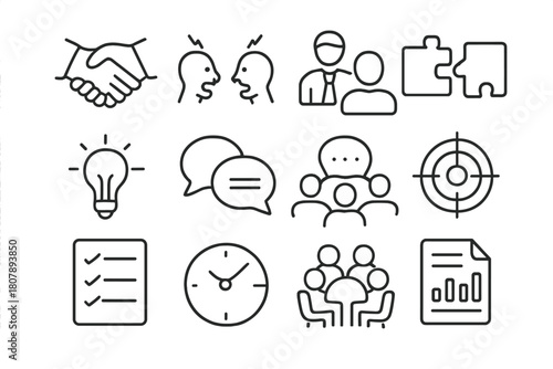 Workplace Resolution Icons. Workplace problem resolution. Line icon set of Workplace problem resolution: handshake, two people arguing, mediator, lightbulb,