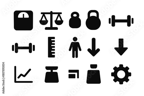 Weight Distribution Icons. Weight distribution. Solid icon set of Weight distribution: scale, balance, weight, dumbbell, barbell, ruler, measurement, person,