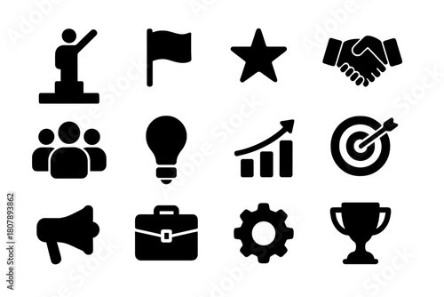 Leadership Icons Collection. Becoming a leader. Solid icon set of becoming a leader: person on podium, flag, star, handshake, people group, lightbulb, chart