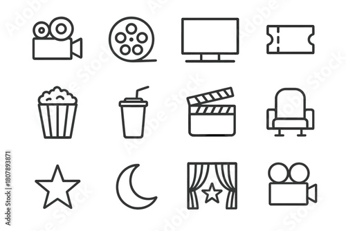 Cinema Icon Set. Cinema Experience. Line icon set of Cinema Experience: projector, film reel, screen, ticket, popcorn, soda cup, clapperboard, seat, star,