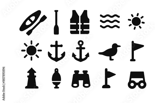Paddle Adventure Icons. Paddle adventure. Solid icon set of Paddle adventure: boat, paddle, oar, life jacket, water waves, sun, anchor, seagull, lighthouse,