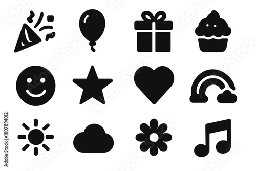 Celebration Icons. Group joy. Line icon set of group joy: people group, smile, heart, music note, dancing couple, clinking glasses, fireworks, confetti, cake,
