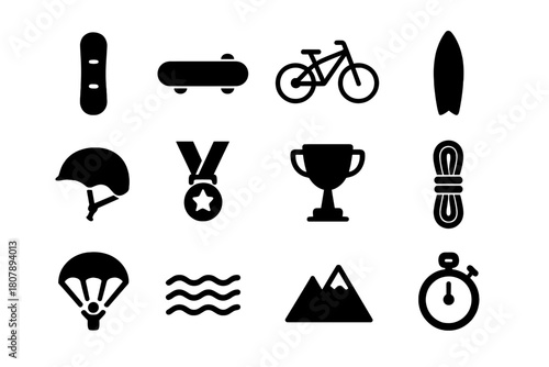 Extreme Sports Icons. High-Risk Activities. Solid icon set of High-Risk Activities: parachuting, rock climbing, base jumping, skydiving, motocross, bungee