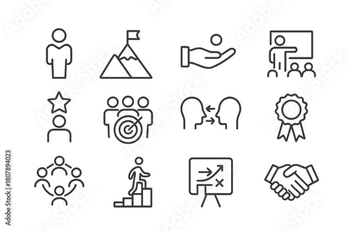 Leadership Icon Set. Leadership. Solid icon set of leadership: leader figure, podium, flag, lightbulb, people group, star, upward arrow, gears, plan board,