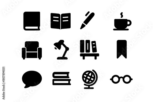 Reading Circle Icons. Reading Circle. Solid icon set of Reading Circle: book, open notebook, pen, coffee cup, chair, lamp, bookshelf, bookmark, speech bubble,