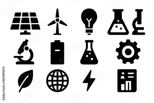 Energy Innovation Icons. Energy innovation. Solid icon set of Energy innovation: solar panel, wind turbine, lightbulb, lab flask, microscope, battery, test
