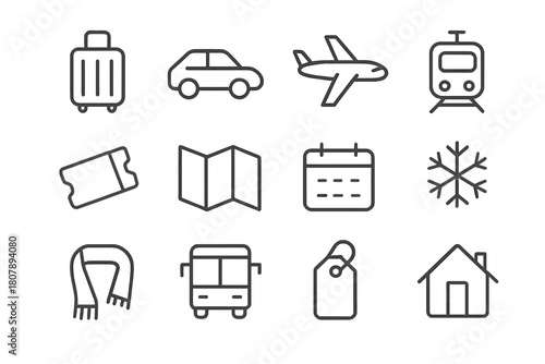 Holiday Travel Icons. Travel home for holidays. Line icon set of travel home for holidays: suitcase, car, airplane, train, ticket, map, calendar, snowflake,