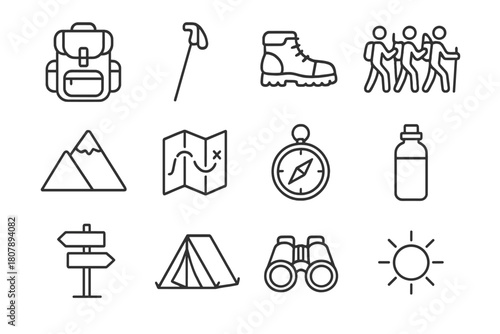 Hiking Adventure Icons. Hiking adventure. Line icon set of Hiking adventure: backpack, walking stick, hiking boots, group of hikers, mountain, map, compass,