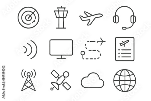 Air Traffic Icons. Air traffic. Solid icon set of Air traffic: airplane, control tower, radar screen, flight path, cloud, airport runway, pilot headset, map