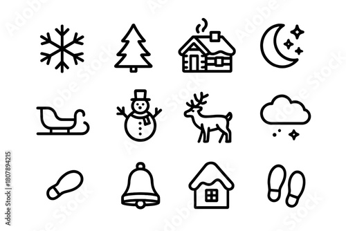 Winter Wonderland Icons. Winter wonderland. Line icon set of Winter wonderland: snowflake, pine tree, cabin, snowman, sleigh, reindeer, snow-covered roof,