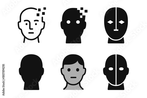 Digital Avatar Icons. Digital avatars and evolving identity. Icon set. Set Logo of Avatar Head: Stylized digital face. Minimal outline, Filled silhouette,