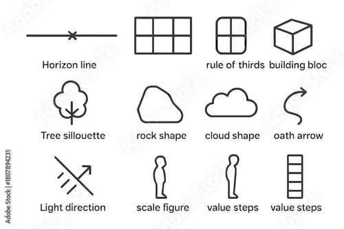 Environment Icon Set. Environment concept sketch. Line icon set of environment concept sketch: horizon line, vanishing point, thumbnail frames, rule of thirds,