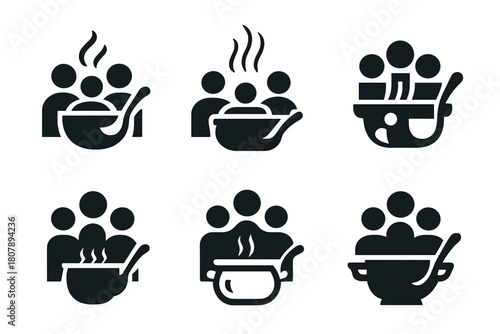 Family Meal Logos. Sharing a family meal. Icon set. Set Logo of sharing a family meal: cooking pot shared between hands. harmonious logo variations of the same
