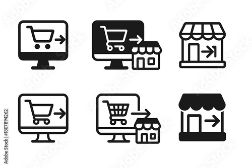 E-commerce Icon Variations. the influence of online shopping on brick-and-mortar stores. Icon set. Set Logo of the influence of online shopping on