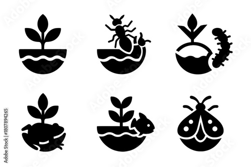 Invasive Species Logos. Invasive species. Icon set. Set Logo of invasive species: circular ecosystem being engulfed by foreign growth. harmonious
