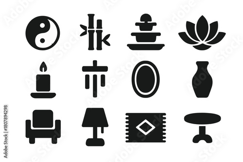 Harmonious Living Icons. Harmonious living. Solid icon set of Harmonious living: yin yang, bamboo plant, water fountain, lotus flower, candle, wind chime,