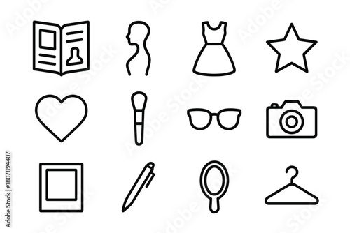 Fashion Icon Set. Fashion Identity. Solid icon set of Fashion Identity: sunglasses, hat, scarf, necklace, bracelet, ring, watch, earrings, bag, shoes, belt,