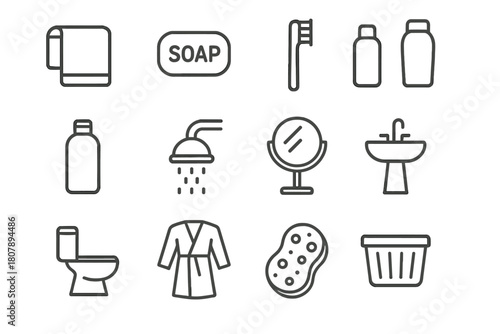 Bathroom Essentials Icons. Bathroom essentials. Line icon set of bathroom essentials: towel, soap bar, toothbrush, toothpaste, shampoo bottle, shower head,