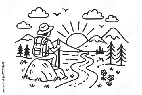 Hiker's Sunset Doodle. Solo Hiking Sunset. Hand-drawn doodle illustration Solo Hiking Sunset person on rock, sunset, mountains, clouds, river, trees, backpack,