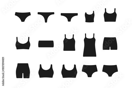 Seamless Underwear Icons. Seamless Underwear. Solid icon set of Seamless Underwear: bikini brief, thong, hipster brief, boyshort, high waist brief, bralette,