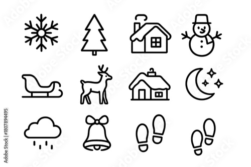 Winter Wonderland Icons. Winter wonderland. Line icon set of Winter wonderland: snowflake, pine tree, cabin, snowman, sleigh, reindeer, snow-covered roof,