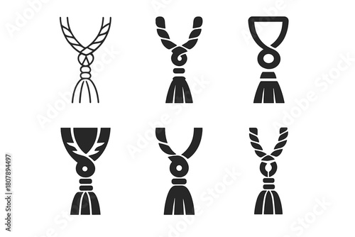 Curtain Tieback Logos. Curtain tieback. Icon set. Set Logo of curtain tieback: crystal knob medallion. harmonious logo variations of the same emblematic