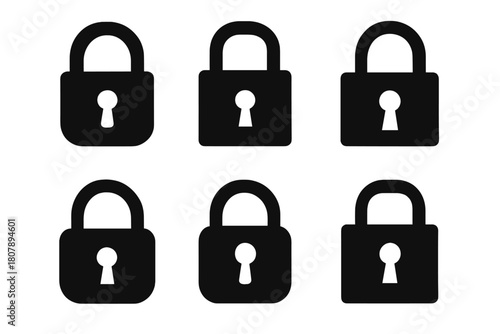 Privacy Lock Icon Set. Restrictions. Icon set. Set Logo of Privacy Lock: Padlock symbol. Flat solid, Symmetrical form, Stylized detail, Iconic shape, Minimal