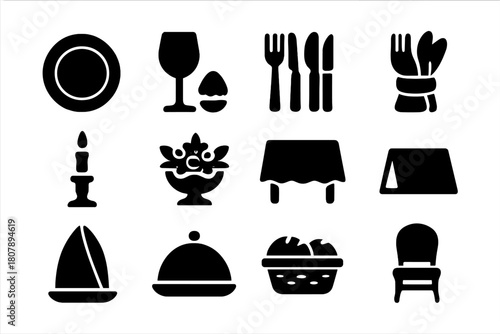 Holiday Table Icons. Setting a Holiday Dinner Table. Solid icon set of Setting a Holiday Dinner Table: dinner plate, wine glass, napkin ring, cutlery set,