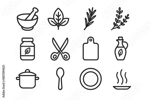 Herbal Kitchen Icons. Herbal Kitchen. Line icon set of Herbal Kitchen: mortar and pestle, basil leaf, rosemary branch, thyme sprig, herb jar, scissors, cutting