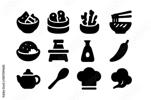 Asian Bamboo Cuisine Icons. Asian bamboo dishes. Solid icon set of Asian bamboo dishes: bamboo shoot curry, bamboo dumplings, bamboo pickles, noodle bowl, rice