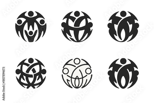 Community Unity Logos. Community unity. Icon set. Set Logo of Community Unity: interconnected hands forming a circle. harmonious logo variations of the same