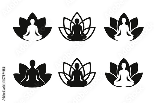 Mindfulness Icons Collection. Learning mindfulness for stress relief. Icon set. Set Logo of Learning mindfulness for stress relief: Lotus flower. harmonious
