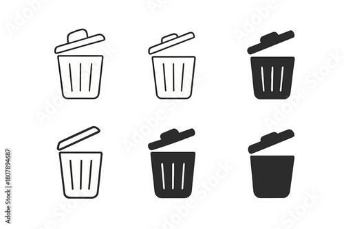 Trash Bin Icon Set. Trash bin lid. Icon set. Set Logo of Trash bin lid: Lid with handle. harmonious logo variations of the same emblematic concept (Stylized