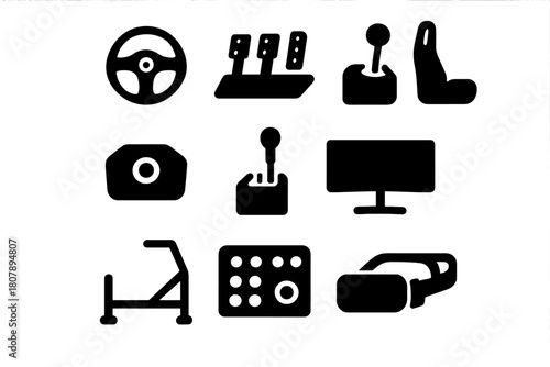 Racing Sim Gear Icons. Racing Sim Gear. Solid icon set of Racing Sim Gear: racing wheel, pedals, shifter, wheel base, handbrake, racing seat, cockpit frame,
