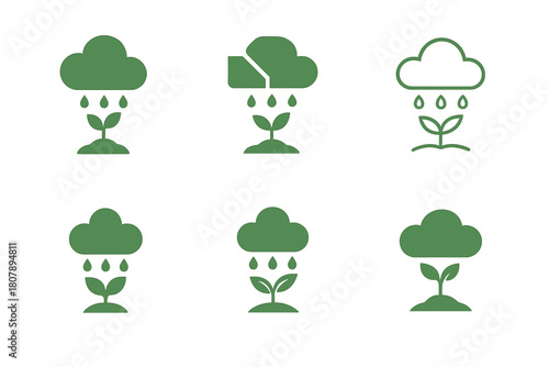 Eco-Irrigation Icon Set. Eco-friendly irrigation. Icon set. Set Logo of eco-friendly irrigation: rain cloud watering a seedling. harmonious logo variations of