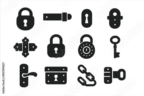 Vintage Lock Icons. Vintage Locks. Solid icon set of Vintage Locks: padlock, latch, bolt, keyhole, hinge, clasp, shackle, door handle, chest lock, chain,