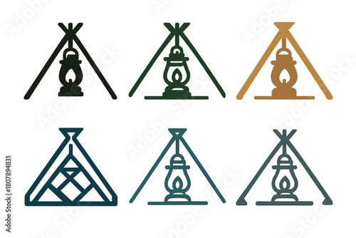 Camping Logo Icons. Group camping adventures. Icon set. Set Logo of group camping adventures: lantern hanging from tripod in shared campsite. harmonious logo