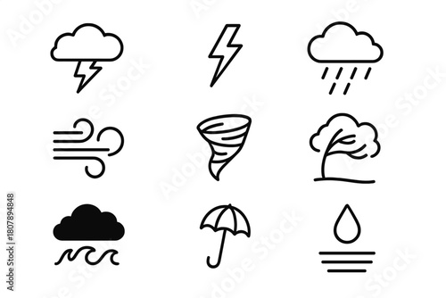 Turbulent Weather Icons. Turbulent weather. Line icon set of turbulent weather: storm cloud, tornado, lightning bolt, heavy rain, gust wind, wave, umbrella,