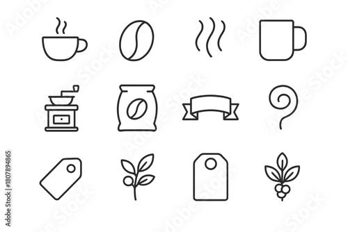 Coffee Icon Set. Coffee shop design. Line icon set of coffee shop design: coffee cup, mug, coffee bean, steam, aroma swirl, leaf, grinder, sack, label tag,