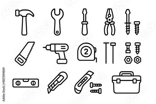 Hardware Tool Icons. Hardware tools. Line icon set of Hardware tools: hammer, wrench, screwdriver, pliers, saw, drill, tape measure, nails, bolts, level,