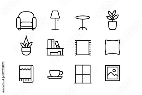 Cozy Corner Icons. Cozy corner decor. Line icon set of cozy corner decor: rug, armchair, cushion, blanket, small table, floor lamp, potted plant, wall art,