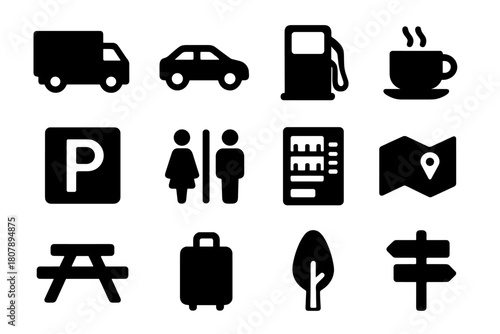 Travel Stop Icons. Travel stop. Solid icon set of Travel stop: truck, car, gas pump, coffee cup, parking lot, restroom, vending machine, map, picnic table,
