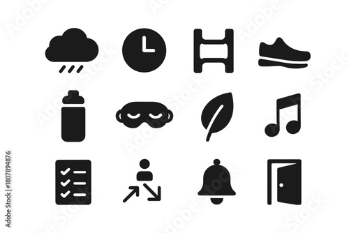 Stress Management Icons. Stress Management. Solid icon set of Stress Management: relax cloud, time block, stretch band, walk shoe, hydrate bottle, sleep mask,