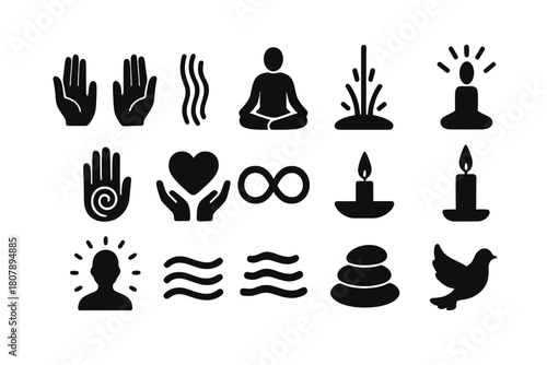 Reiki Symbols Collection. Reiki Practice. Solid icon set of Reiki Practice: open palms, flowing energy, meditating figure, light beam, spiral hand, heart